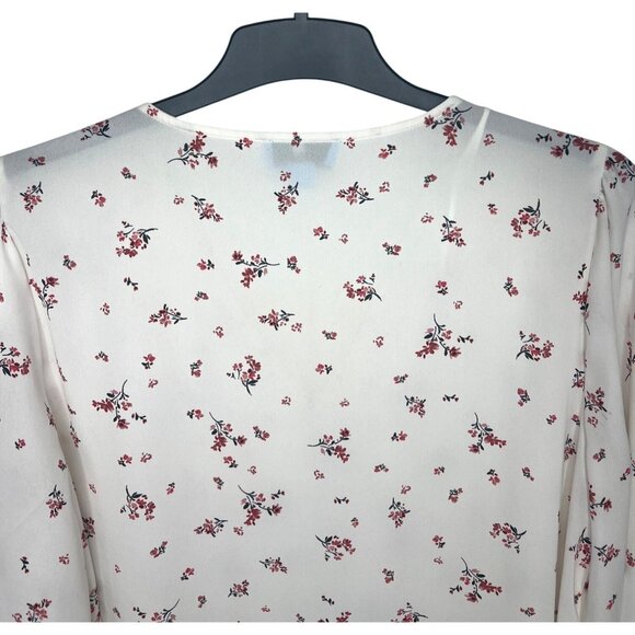 CeCe Breezy Sprigs Ecru Floral Print Long Sleeve V-Neck Tie-Cuff Blouse Large - Picture 11 of 15